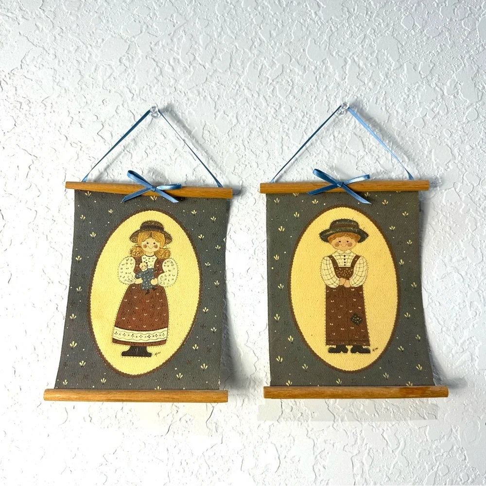 Vintage Folk Art Hanging Watercolor Paper Tile Art By Artist Mimi